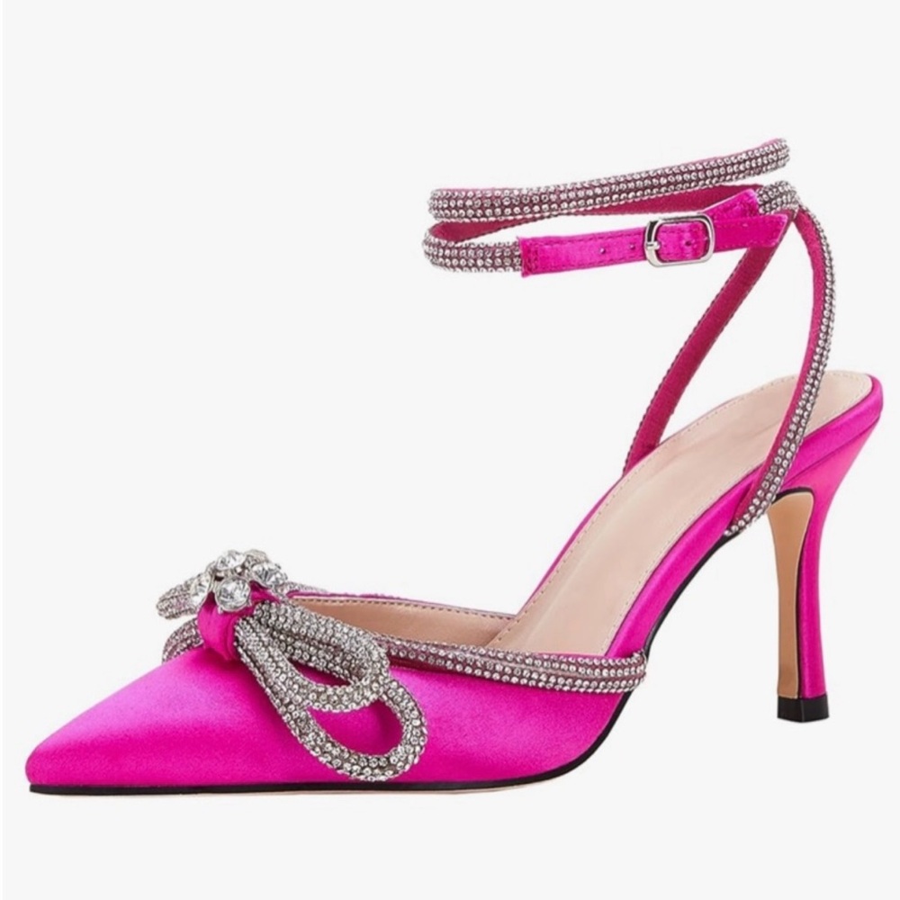 Pink Double Bow Rhinestone Pointed Toe Heels With Ankle Straps Size 8.5 New